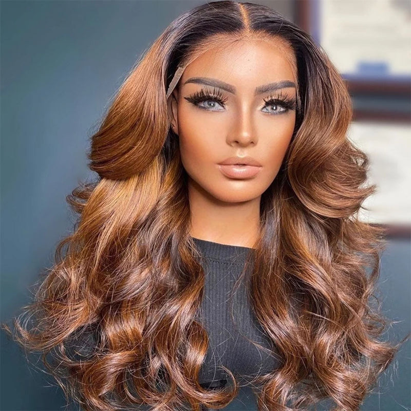 Dola Hair Brazilian Ombre Body Wave Wi Lace Front Brown Wig With Black Roots