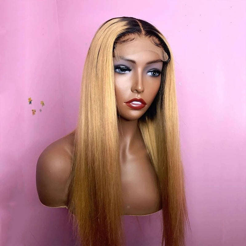 Dola Hair 1B 27 Honey Blonde Lace Front Wig Straight Brazilian Human Hair 150 Density