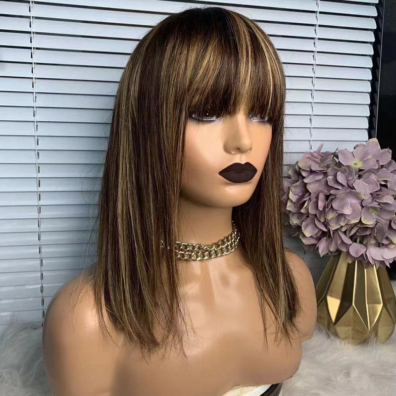 Dola Hair Highlight Color 4/27 Straight Human Hair Wigs With Bangs 150 Density