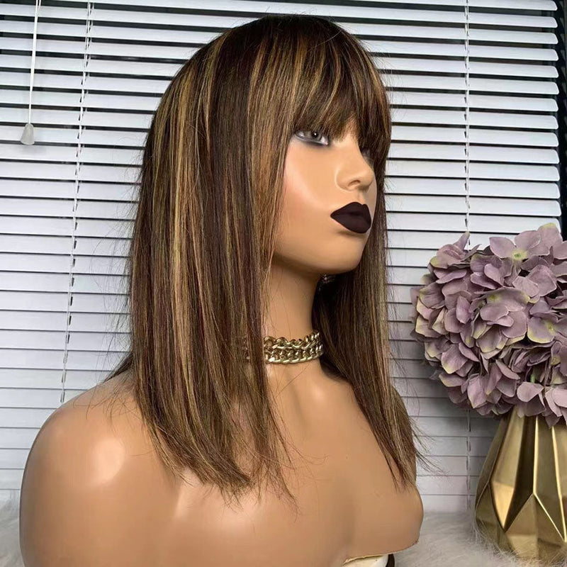 Dola Hair Highlight Color 4/27 Straight Human Hair Wigs With Bangs 150 Density