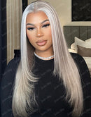 Jessies Wig Highlight Ash Blonde Straight 13x4 Lace Front Layer Cut Wig With Grey Roots Glueless Human Hair Wig