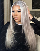 Jessies Wig Highlight Ash Blonde Straight 13x4 Lace Front Layer Cut Wig With Grey Roots Glueless Human Hair Wig