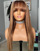 Jessies Wig Highlight Brown Honey Blonde Straight Wig With Bangs Glueless Human Hair Wig With Fringe