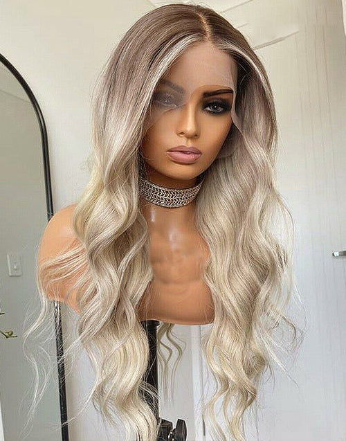 Jessies Wig Jessie's Wig Ombre Ash Blonde Wavy Human Hair Wig Highlight 613 Body Wave Lace Front Wigs With Dark Roots