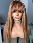 Jessies Wig Highlight Brown Honey Blonde Straight Wig With Bangs Glueless Human Hair Wig With Fringe