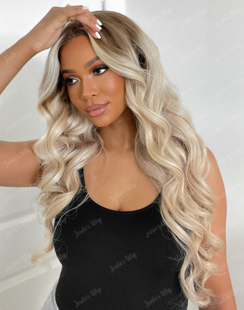 Jessies Wig Jessie's Wig Ombre Ash Blonde Wavy Human Hair Wig Highlight 613 Body Wave Lace Front Wigs With Dark Roots