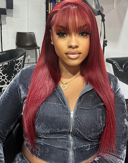 Jessies Wig Red Color Straight 13x4 Lace Frontal With Bangs Human Hair Glueless Wig With Fringe