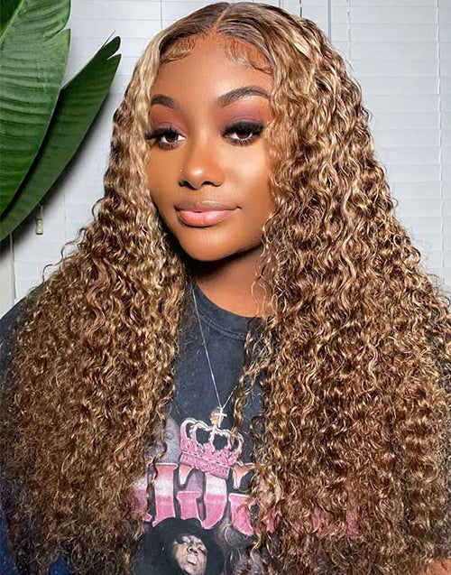 Jessies Wig Glueless Invisiable Crystal HD Lace Highlight Brown Curly 13x4 5x5 Lace Wig Honey Blonde Human Hair Wig