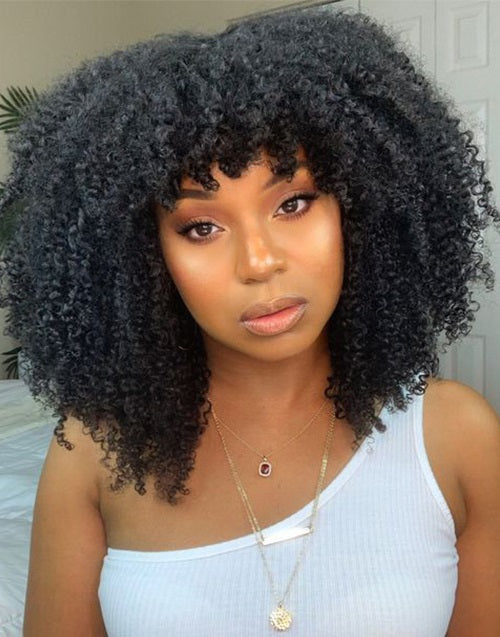 Jessies Wig True Scalp Afro Kinky Curly Wig With Bangs Glueless Human Hair Wig With Fringe