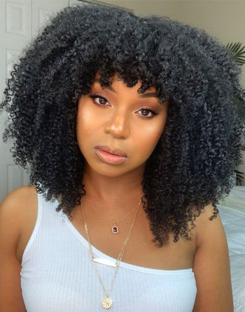 Jessies Wig True Scalp Afro Kinky Curly Wig With Bangs Glueless Human Hair Wig With Fringe