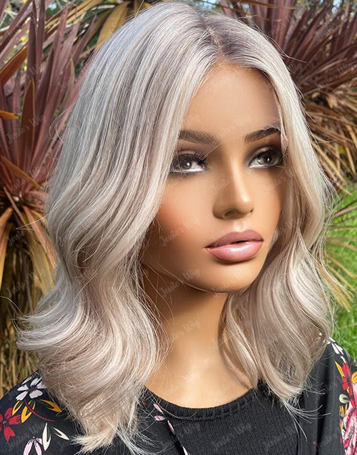 Jessies Wig Platinum Ash Blonde Bob 4x4 Lace Wavy Wig Glueless Human Hair Wig