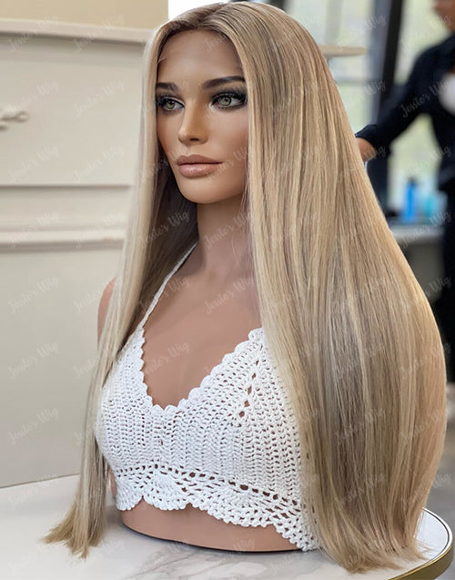 Jessies Wig Light Ash Blonde Full Lace Human Hair Wigs Highlights PrePlucked Wig Can Be High Ponytail/Braids/Bun