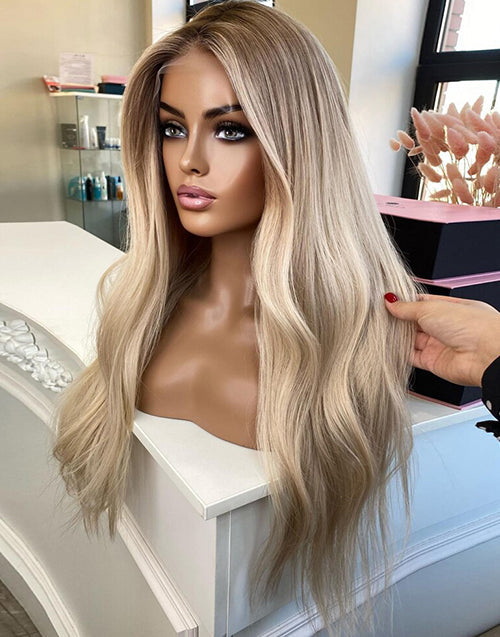 Jessies Wig Ombre Warm Ash Blonde Balayage Highlights Full Lace Wigs Wavy Human Hair Wig