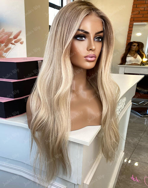 Jessies Wig Ombre Warm Ash Blonde Balayage Highlights Full Lace Wigs Wavy Human Hair Wig