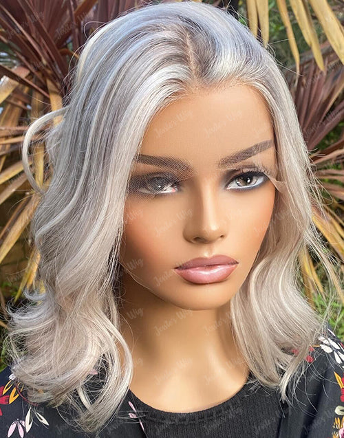 Jessies Wig Platinum Ash Blonde Bob 4x4 Lace Wavy Wig Glueless Human Hair Wig