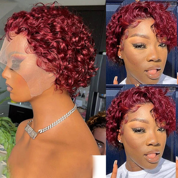 Dola Hair Pixie Cut Wig #99J Burgundy Curly Lace Front Wigs Human Hair Short Curly Bob Wig