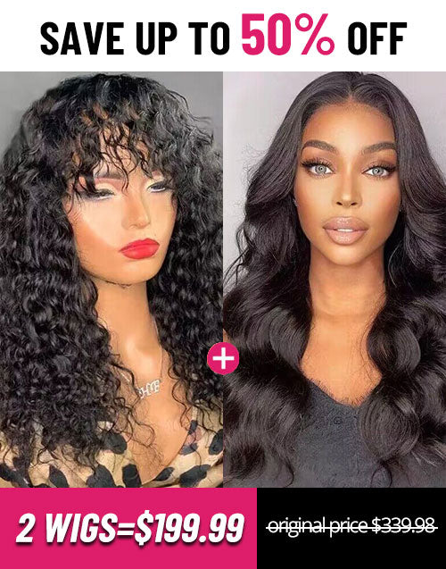 Jessies Wig Buy 2 Wigs= $189.99 18"Body Wave U Part Wig+18"Curly Machinemade Wig With Bangs