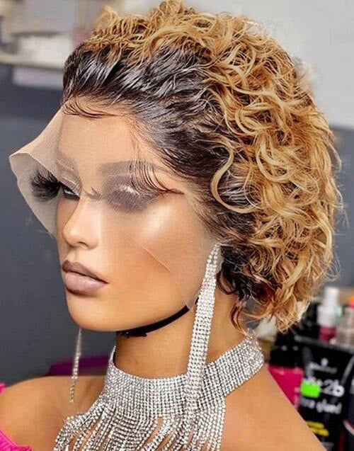 Jessies Wig Ombre Honey Blonde Short Curly Pixie Cut Wigs 13x1 Lace Front Human Hair Wigs