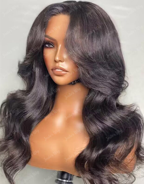 Jessies Wig Curtain Bangs Pre Cut 5x6 Lace Preplucked Glueless Wavy Crystal HD Lace Frontal Wig Human Hair