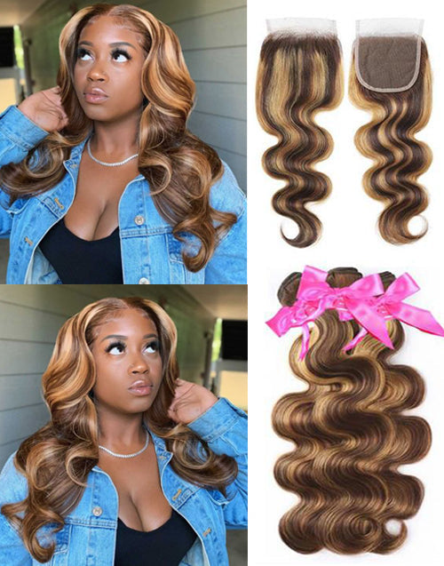 Jessies Wig 30inch Balayage Highlight Human Hair Bundles With Closure Ombre Honey Blonde Body Wave Hair