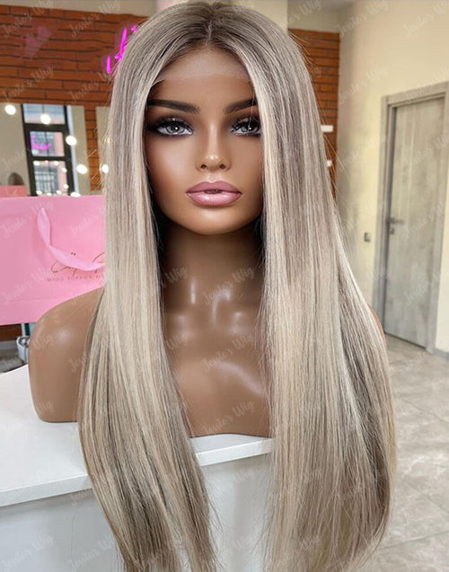 Jessies Wig Glueless Highlight Ash Blonde With Grey Roots Ombre Colored Straight 13x4 Lace Frontal Wig