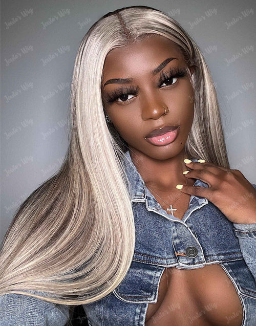 Jessies Wig Glueless Highlight Ash Blonde With Grey Roots Ombre Colored Straight 13x4 Lace Frontal Wig