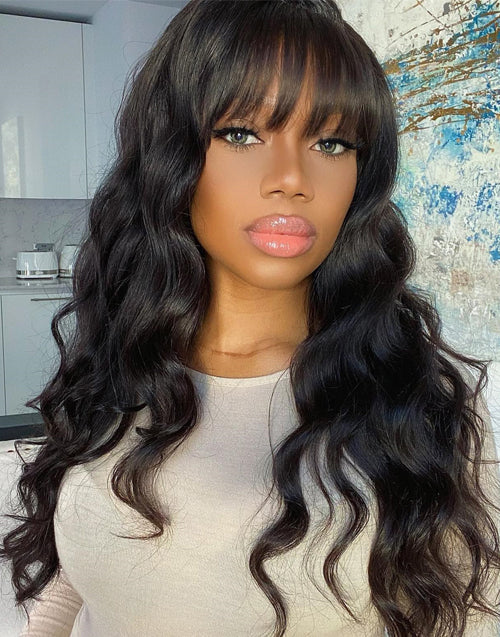 Jessies Wig Body Wave 13x6 Lace Front Wig With Bangs Full Machine Made Wig Brazilian Human Hair Wigs Glueless Wig