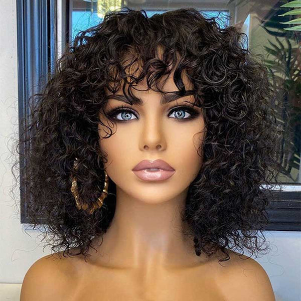 Aligrace MLG Series Machine Made Jerry Curly Short Bob Human Hair Wigs With Bangs