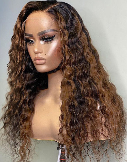 Jessies Wig Brown Piano Deep Curly Highlights 4x4 HD Lace Glueless Preplucked Wig Human Hair With Black Roots