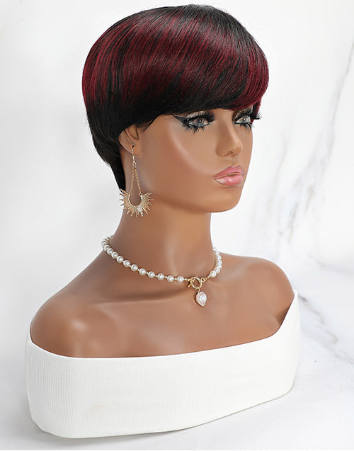 Jessies Wig Ombre Red Short Bob Straight Pixie Cut Full Machine Made Wig With Bangs Non Lace Wig