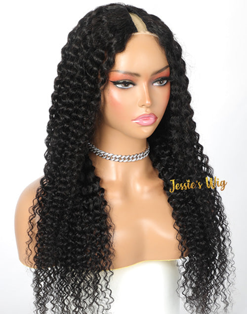 Jessies Wig Upgraded Thin V Part Wig Jerry Curly Glueless Human Hair Wig