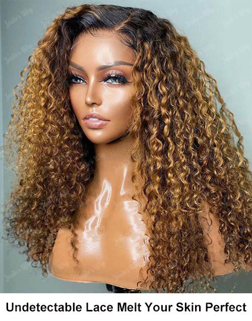 Jessies Wig Ombre Honey Blonde Curly Human Hair Lace Front Wigs Real HD Lace