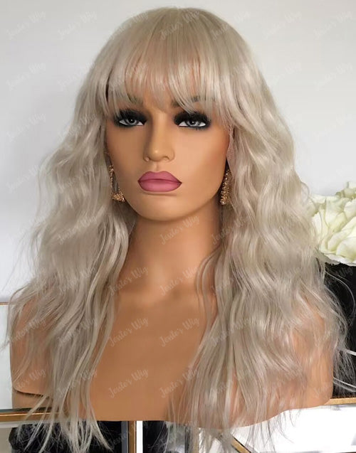 Jessies Wig Platinum Sliver Blonde Wavy 13x4 Lace Frontal Wig With Bangs Glueless Human Hair Wig