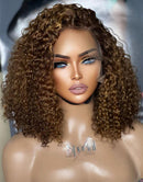 Jessies Wig Piano Honey Brown Curly 13x4 Frontal Bob Wig Glueless HD Lace Highlights Human Hair Wig