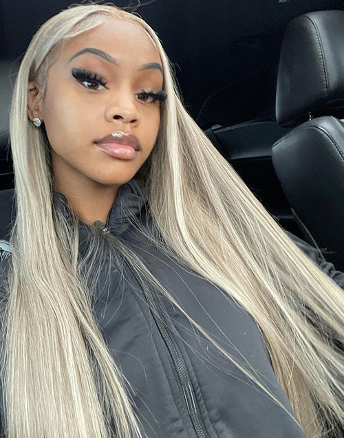 Jessies Wig Glueless Highlight Ash Blonde With Grey Roots Ombre Colored Straight 13x4 Lace Frontal Wig