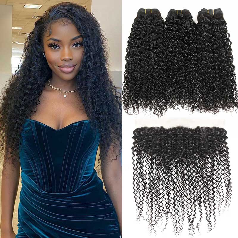 Ali Grace Kinky Curly Hair Weave 3 Pcs With 13x4 Lace Frontal