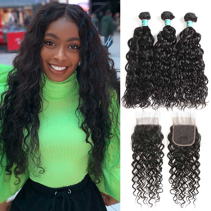 Ali Grace Water Wave Hair Bundles 3 Pcs With 4x4 Lace Closure