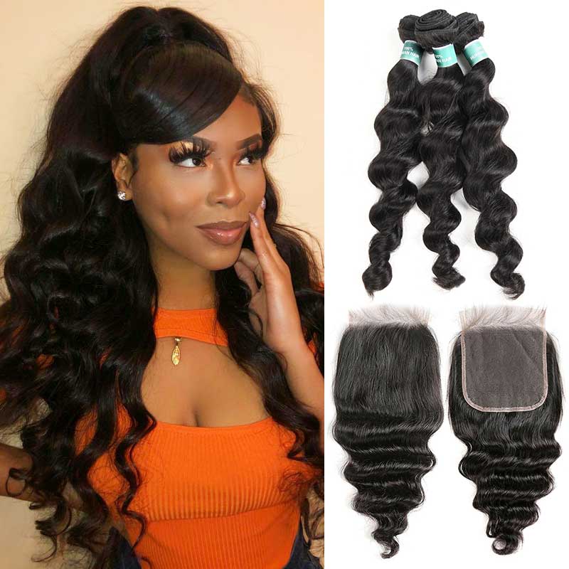 Ali Grace Peruvian Loose Wave Bundles 3 Pcs With 4x4 Lace Closure