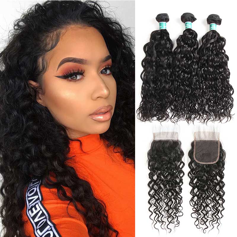 Ali Grace Water Wave Human Hair Bundles 3 Pcs With 4x4 Lace Closure