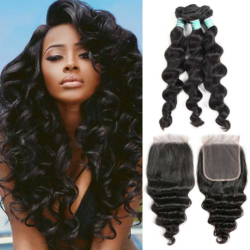 Ali Grace Loose Wave Hair Bundles 3 Pcs With 4x4 Lace Closure