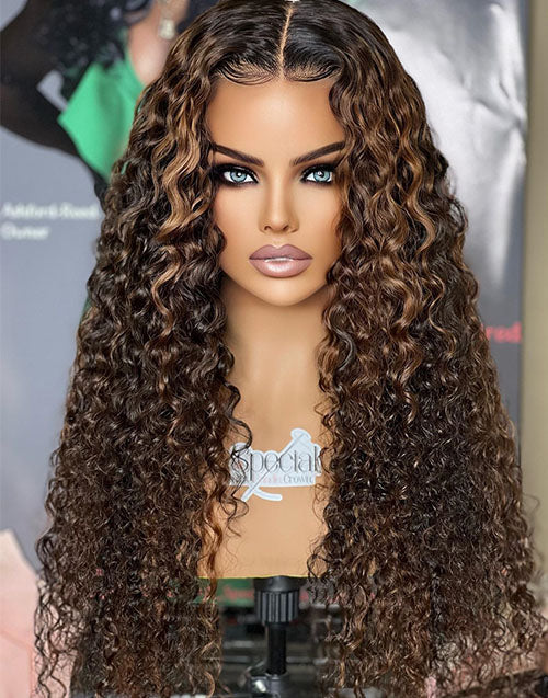 Jessies Wig Glueless Crystal HD Lace Highlight Brown Curly 13x4 Lace Front Wig Human Hair Wig