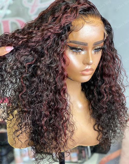 Jessies Wig Ombre Highlight 99J Color 13x4 Curly Lace Front Human Hair Wigs Mix Burgundy 5x5 Lace Closure Wigs