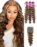 Jessies Wig Highlight Brown P4/27 Loose Deep Wave 3 Bundles With Closure Human Hair Weave Bundles With Closure