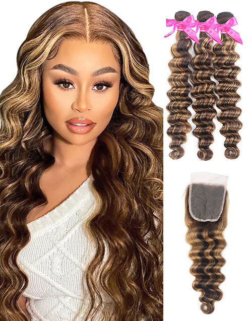 Jessies Wig Highlight Brown P4/27 Loose Deep Wave 3 Bundles With Closure Human Hair Weave Bundles With Closure