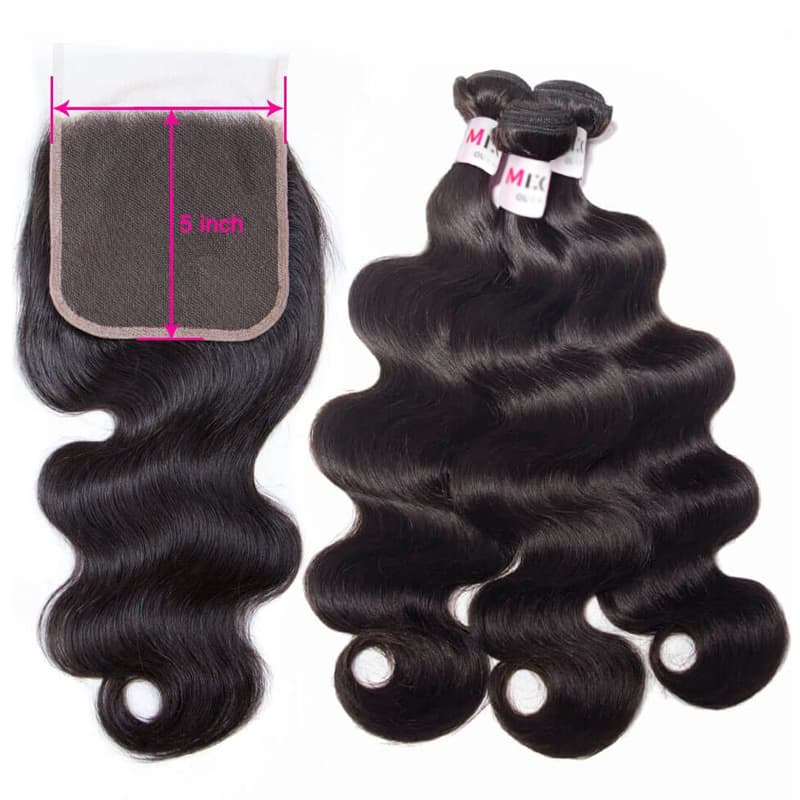 tiktok Super Sale 12A Grade 3 Bundles Body Wave Hair With 5x5 16 inch Free Part Closure