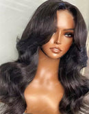 Jessies Wig Curtain Bangs Pre Cut 5x6 Lace Preplucked Glueless Wavy Crystal HD Lace Frontal Wig Human Hair