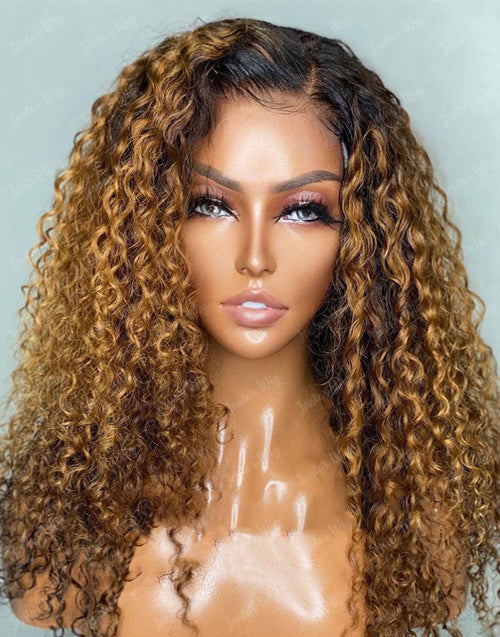 Jessies Wig Ombre Honey Blonde Curly Human Hair Lace Front Wigs Real HD Lace