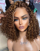 Jessies Wig Piano Honey Brown Curly 13x4 Frontal Bob Wig Glueless HD Lace Highlights Human Hair Wig