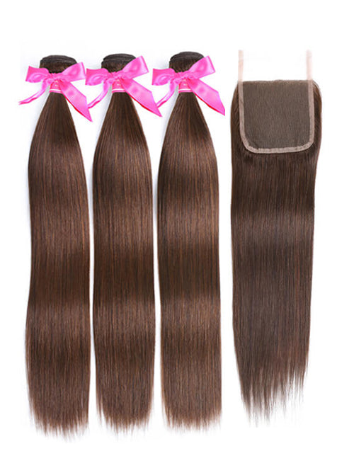 Jessies Wig 30inch Straight Brazilian Hair Weave Bundles Brown Pre-colored 3 Bundles With Closure