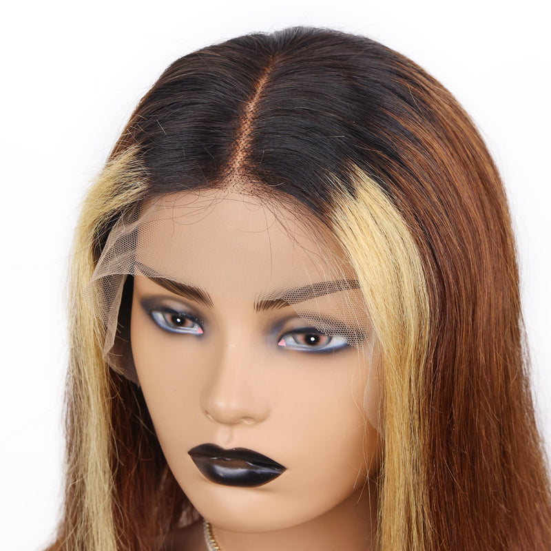 Xrs Beauty Hair Straight Ombre Honey Brown Human Hair Wig Pre-plucked with Baby Hair 13x4 Lace Front Wig Natural Hairline Pre-Plucked With 150 Density [CXW36]